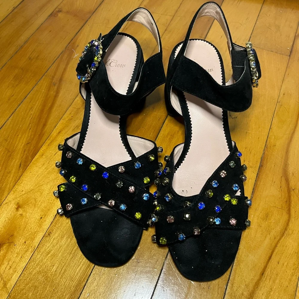 J. Crew Black Suede Penny Sandals Crystals‎ Rhinestones Size 8 New Years Party